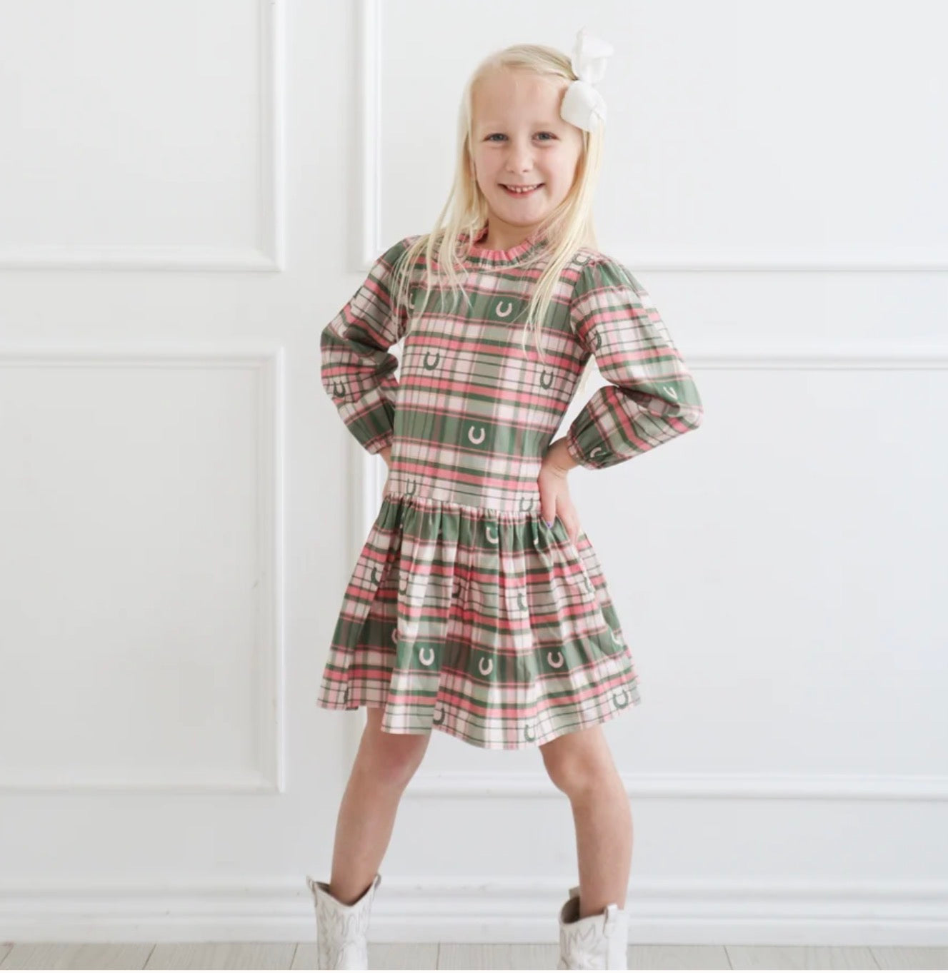 Hannah Dress- Pink Horseshoe Plaid