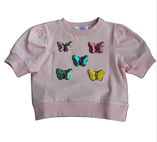 Butterfly Sequin Light Pink Puff Sleeve Top