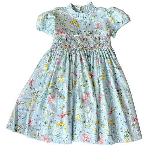 Floral Embroidered Smocked Dress with Ruffle Collar