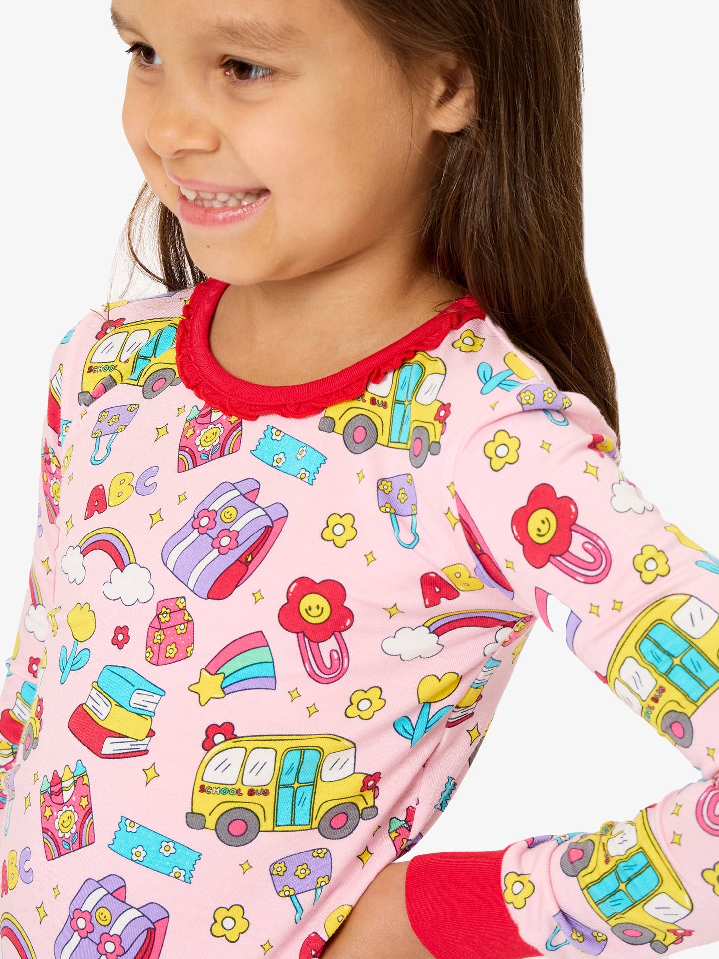 SoftSnooze™ Girls Bamboo Viscose Classroom Cutie Ruffle Long Sleeve Pajama Set