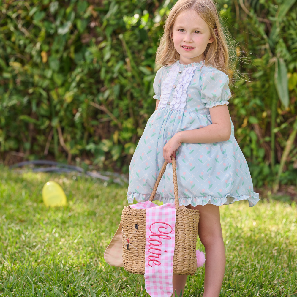 Gingham Kids Easter Basket - Easter Bunny Ears (Monogram Included)