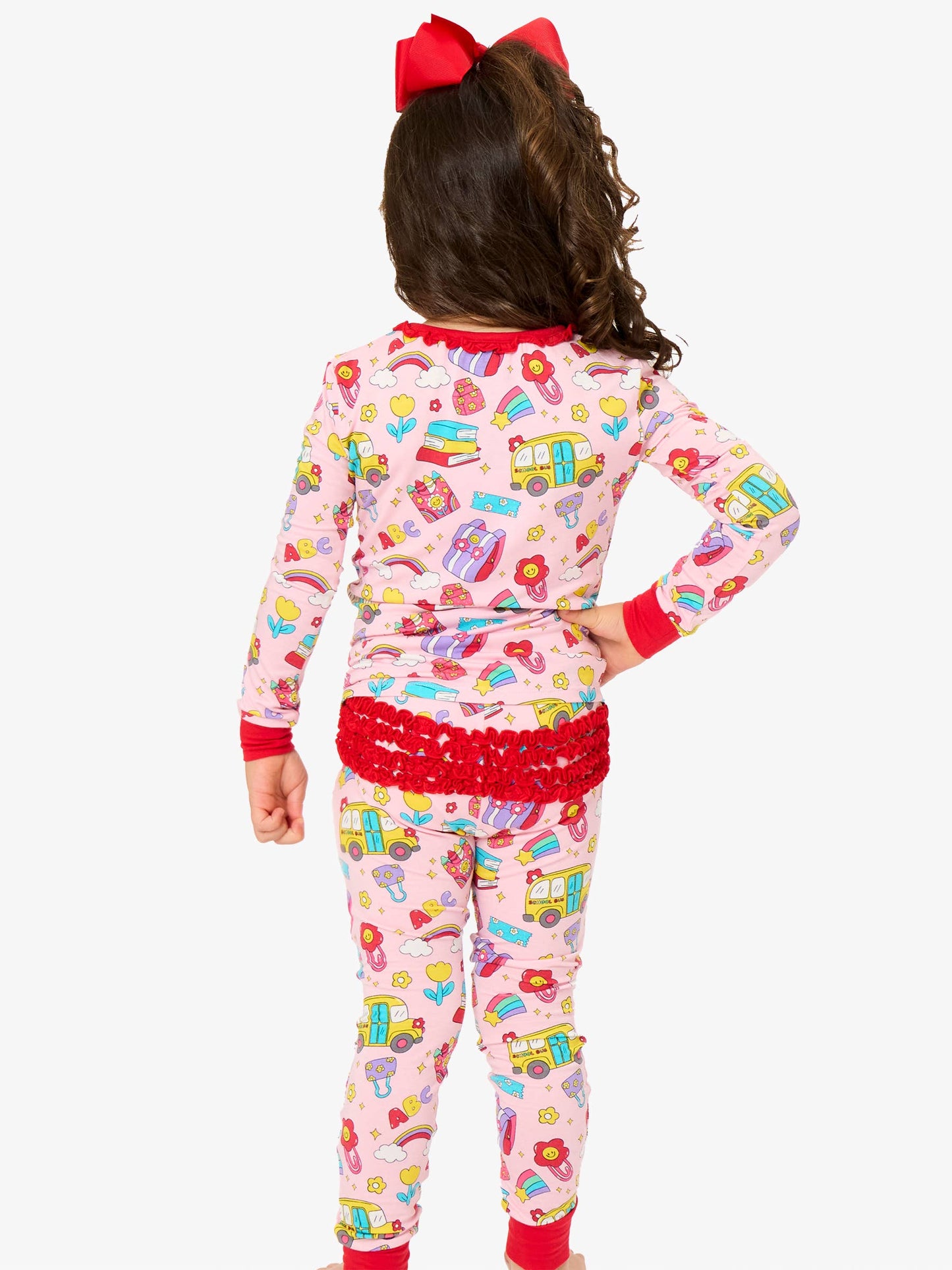 SoftSnooze™ Toddler Girls Bamboo Viscose Classroom Cutie Ruffle Long Sleeve Pajama Set with Signature Rear Ruffles