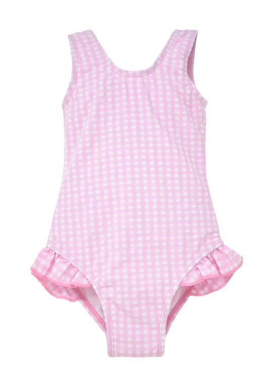 Delaney Hip Ruffle Swimsuit - Pink Gingham Seersucker