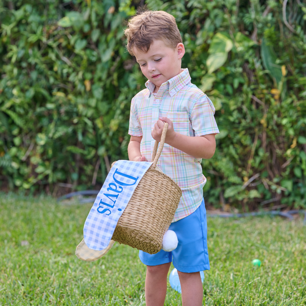 Gingham Kids Easter Basket - Easter Bunny Ears (Monogram Included)