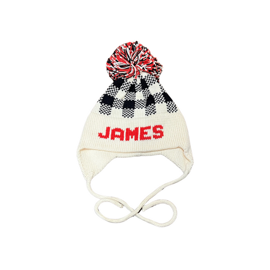 Plaid Earflap Hat- Natural/Red/Black