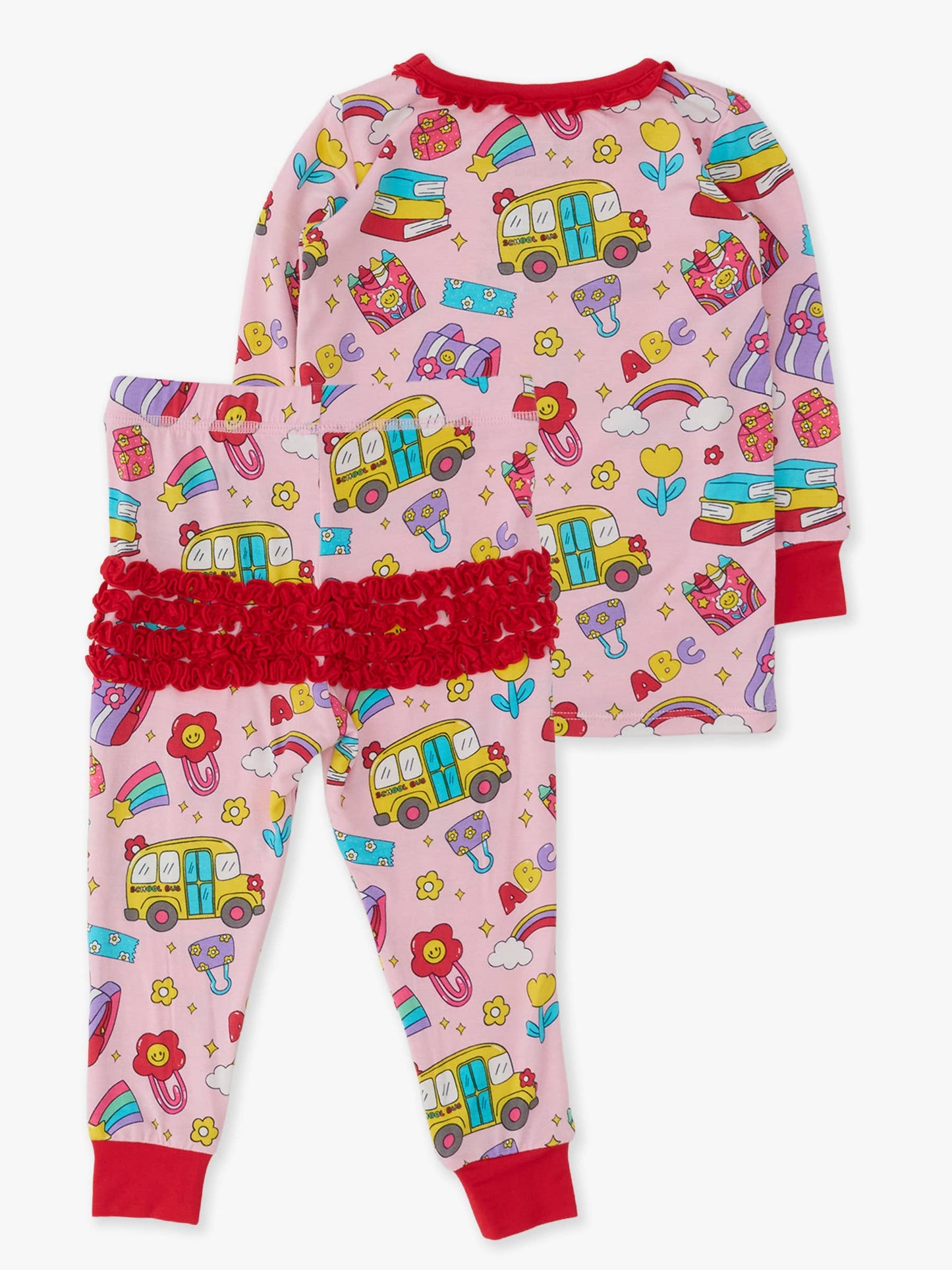 SoftSnooze™ Toddler Girls Bamboo Viscose Classroom Cutie Ruffle Long Sleeve Pajama Set with Signature Rear Ruffles