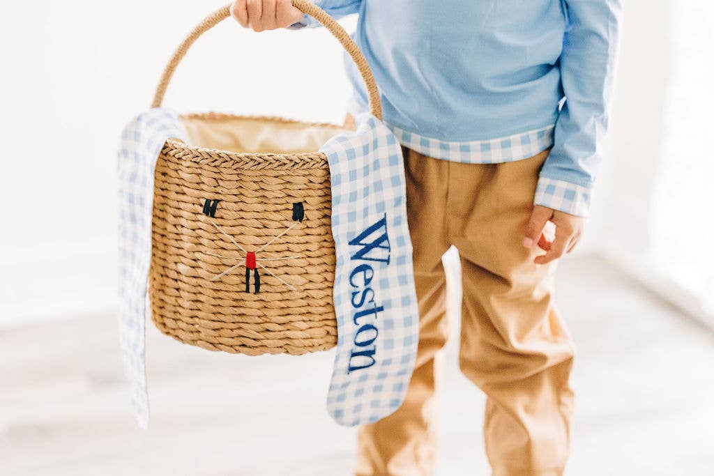 Gingham Kids Easter Basket - Easter Bunny Ears (Monogram Included)