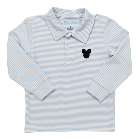 Blue Stripe Mouse Embroidered LS Polo