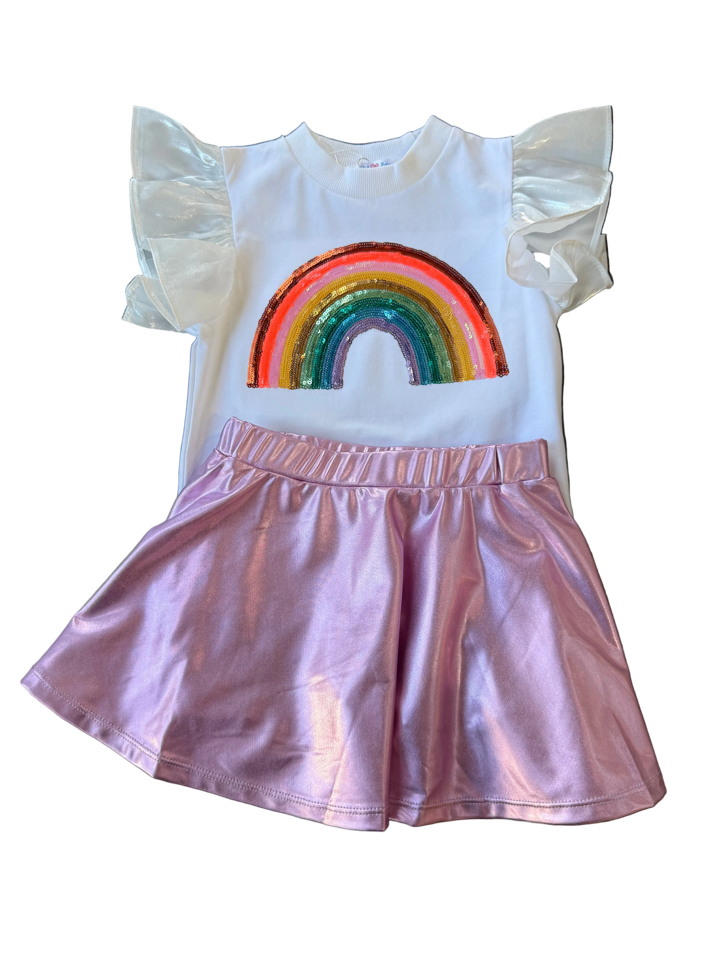 Rainbow Sequin White Flutter Sleeve Top