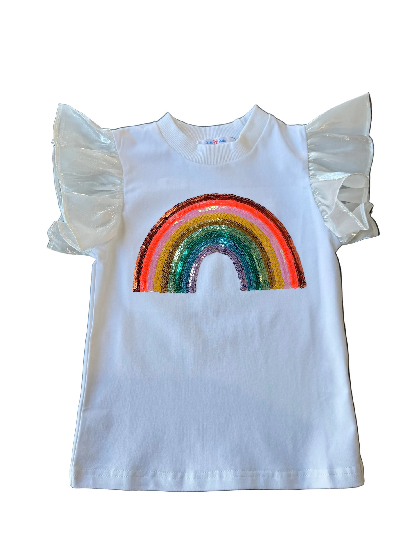 Rainbow Sequin White Flutter Sleeve Top