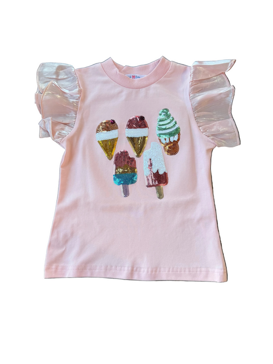 Ice Cream Sequin Pink Flutter Sleeve Top