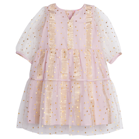 Madaket Dress- Pink Metallic Stripe/Stars