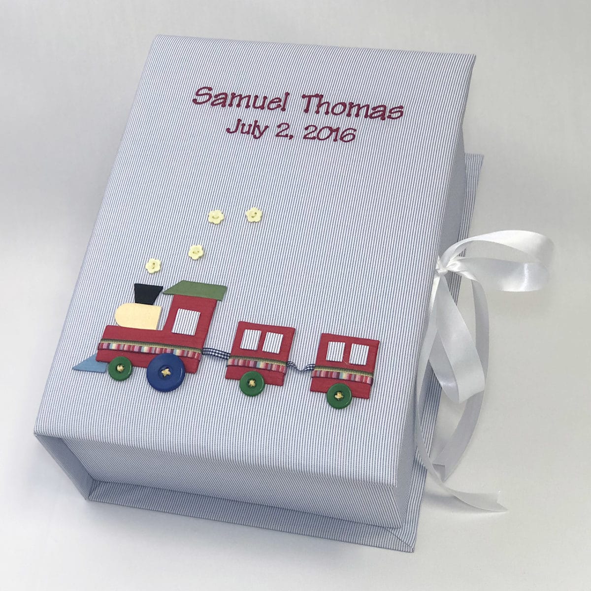 PRE-ORDER- Medium Baby Keepsake Box with Multicolored Train on Micro Stripe Cotton