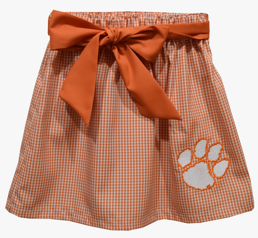 Clemson Tigers Embroidered Orage Gingham Skirt with Sash