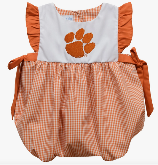 Clemson Tigers Embroidered Orange Gingham Girls Bubble