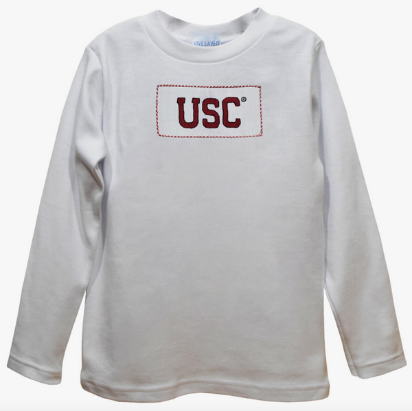 Football Smocked White Knit Ruffle Long Sleeve Girls Tee Shirt