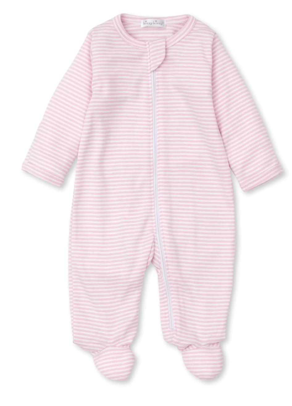 Striped Footie with Zipper- Pink