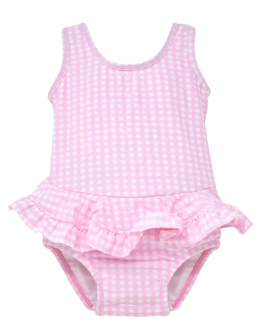 Stella Infant Ruffle Swimsuit - Pink Gingham Seersucker