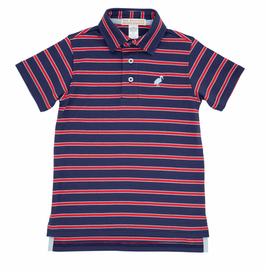 Prim and Proper Polo SS - Richmond Red, Nantucket Navy, and Buckhead Blue Stripe with Buckhead Blue Stork