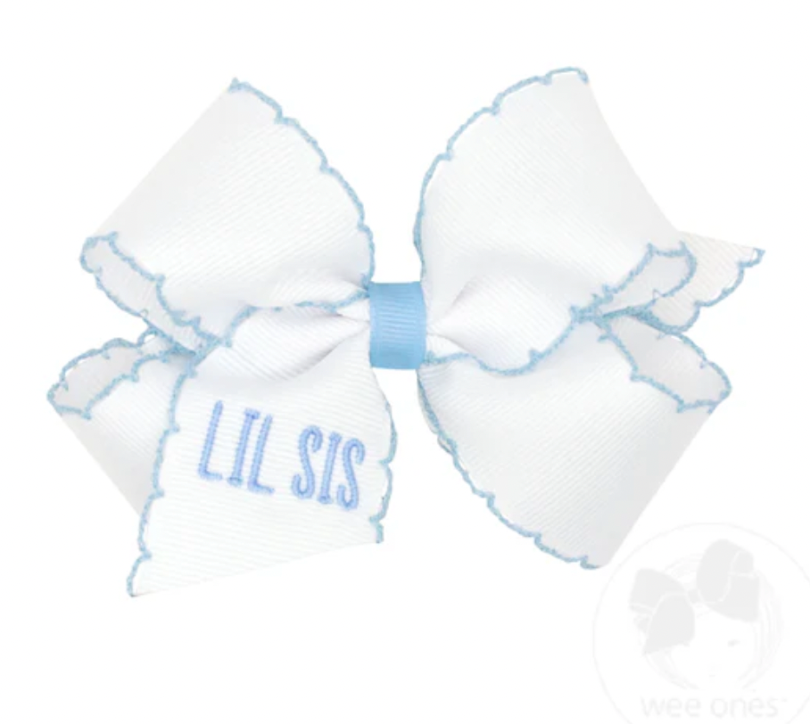 Grosgrain Bow with Millennium Blue Moonstitch Edge and "LIL SIS" Embroidery