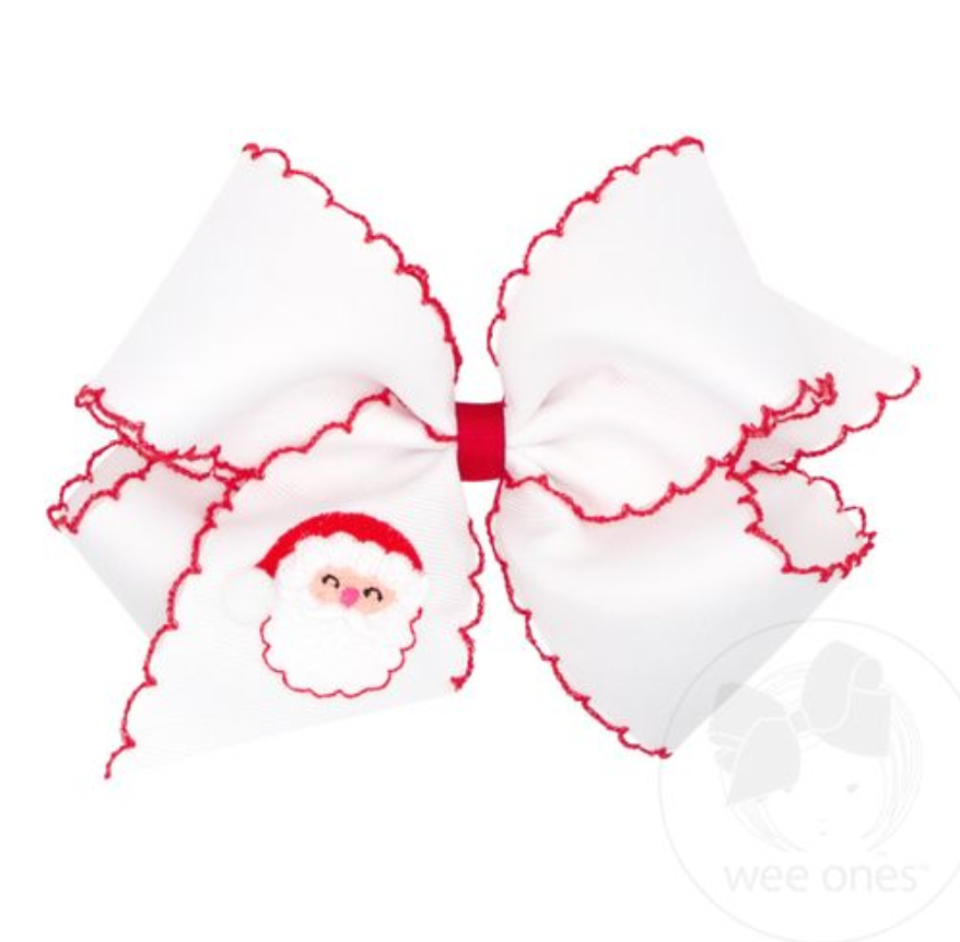 White Bow with Red Moonstitch Edge and Santa Claus Embroidery