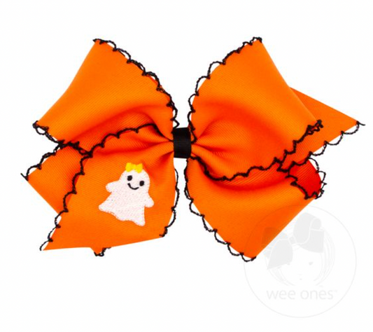 Grosgrain Hair Bow with Moonstitch Edge and Ghost Embroidery -orange