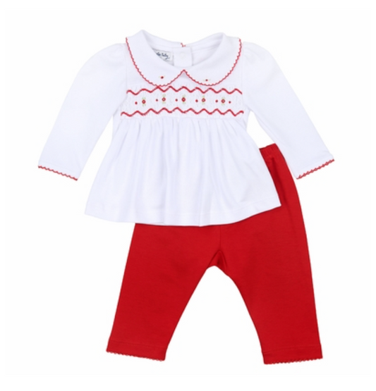 Red Smocked Collared Girl 2pc Pant Set