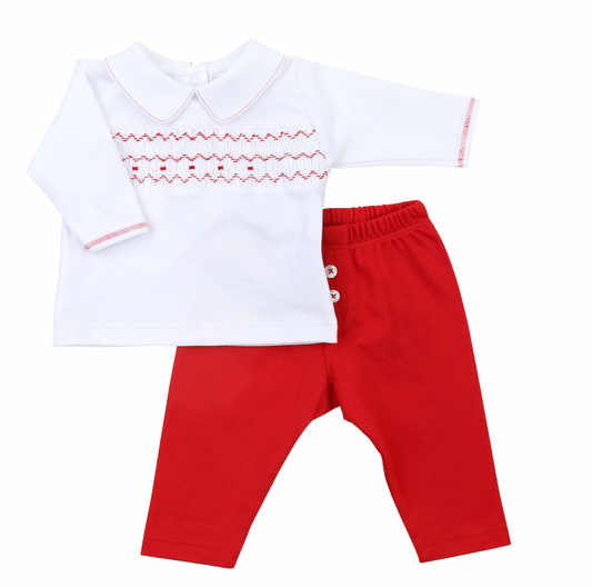 Red Smocked Collared Boy 2pc Pant Set