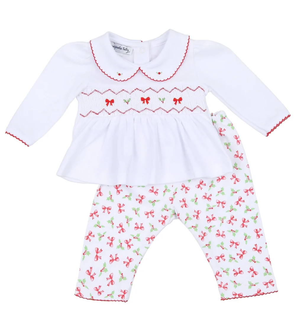 Red Smocked 2pc Pant Set - Holly Printed