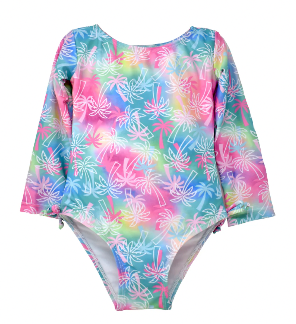 Charlie LS Rash Guard Swim - Pink Tropical Palms