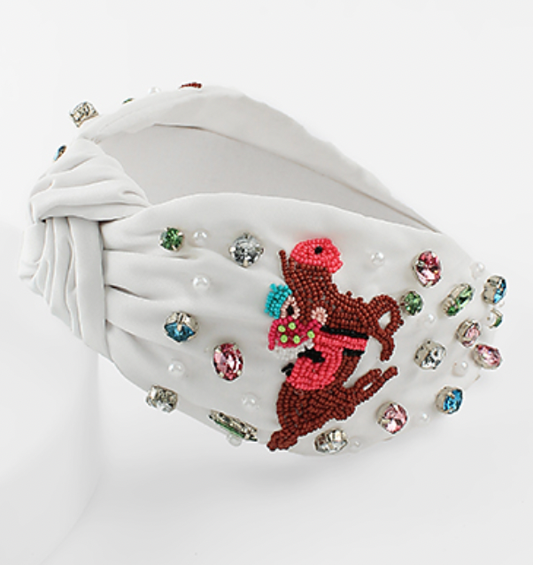 Horse and Jockey Beaded Headband - White