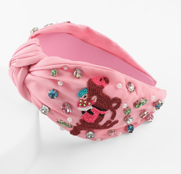 Horse and Jockey Beaded Headband - Pink