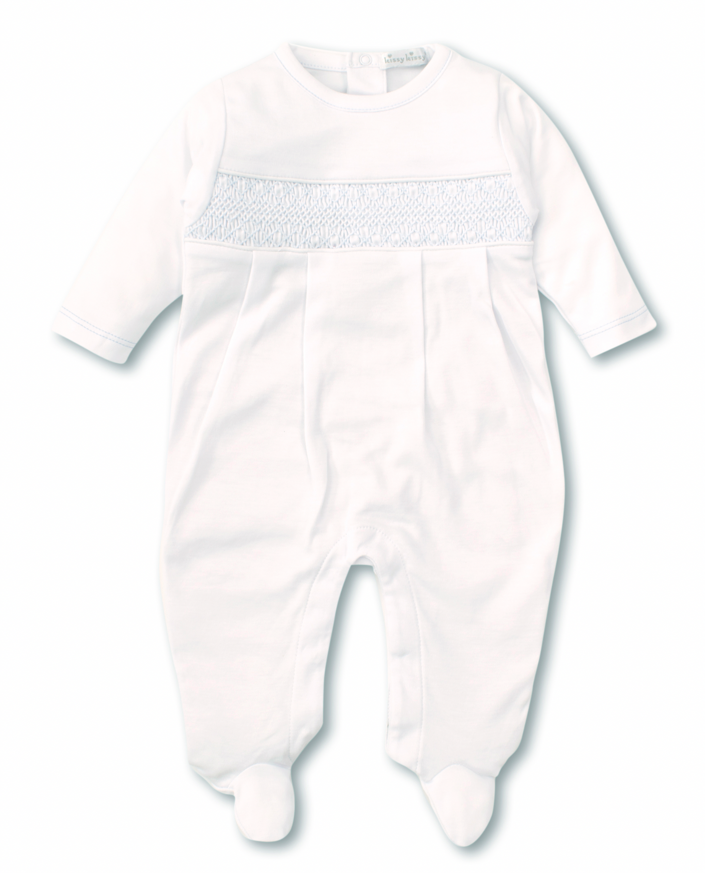 White Footie with Blue Smocking