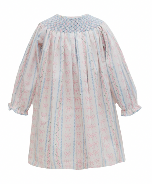 Floral Stripe and Bows Long Sleeve Bishop Smock Dress