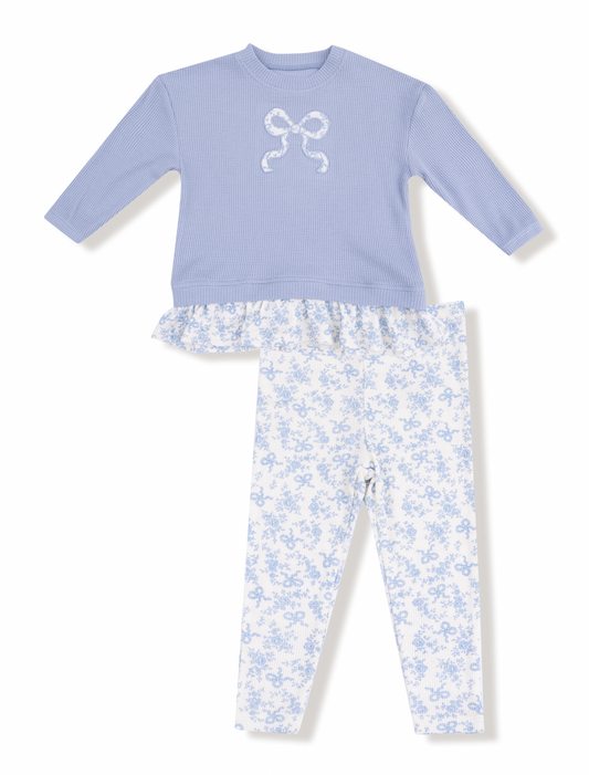 Waffle Pull Over With Ruffle And Rib Bow Applique Legging Set
