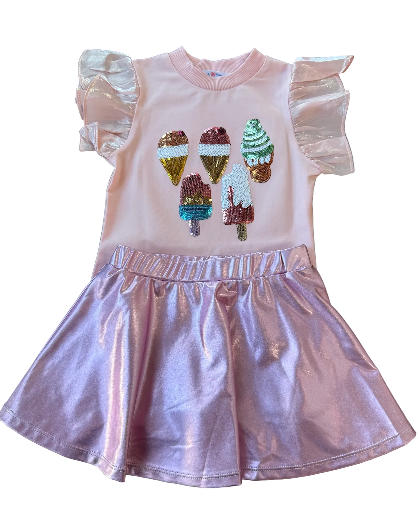 Ice Cream Sequin Pink Flutter Sleeve Top