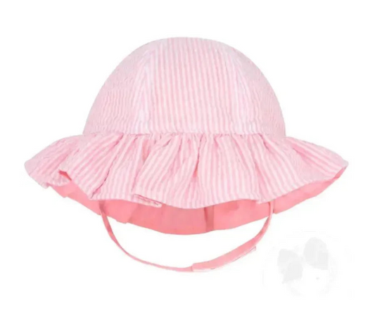 Reversible Seersucker Ruffle Brim Hat with Straps- Pink