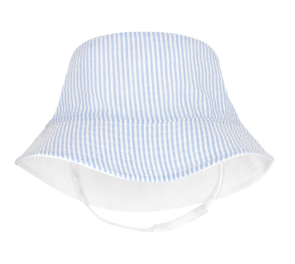Reversible Seersucker Bucket Hat with Straps- Blue