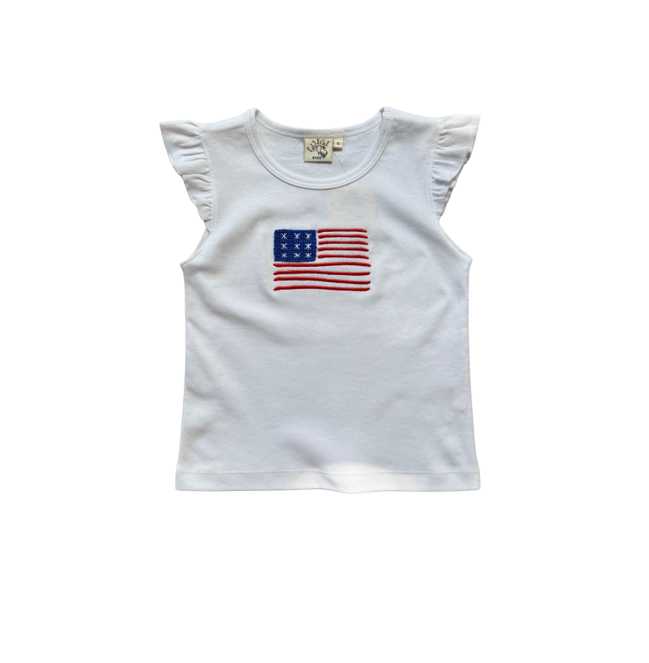 Girl's Flutter Sleeve Top w/ Embroidered American Flag