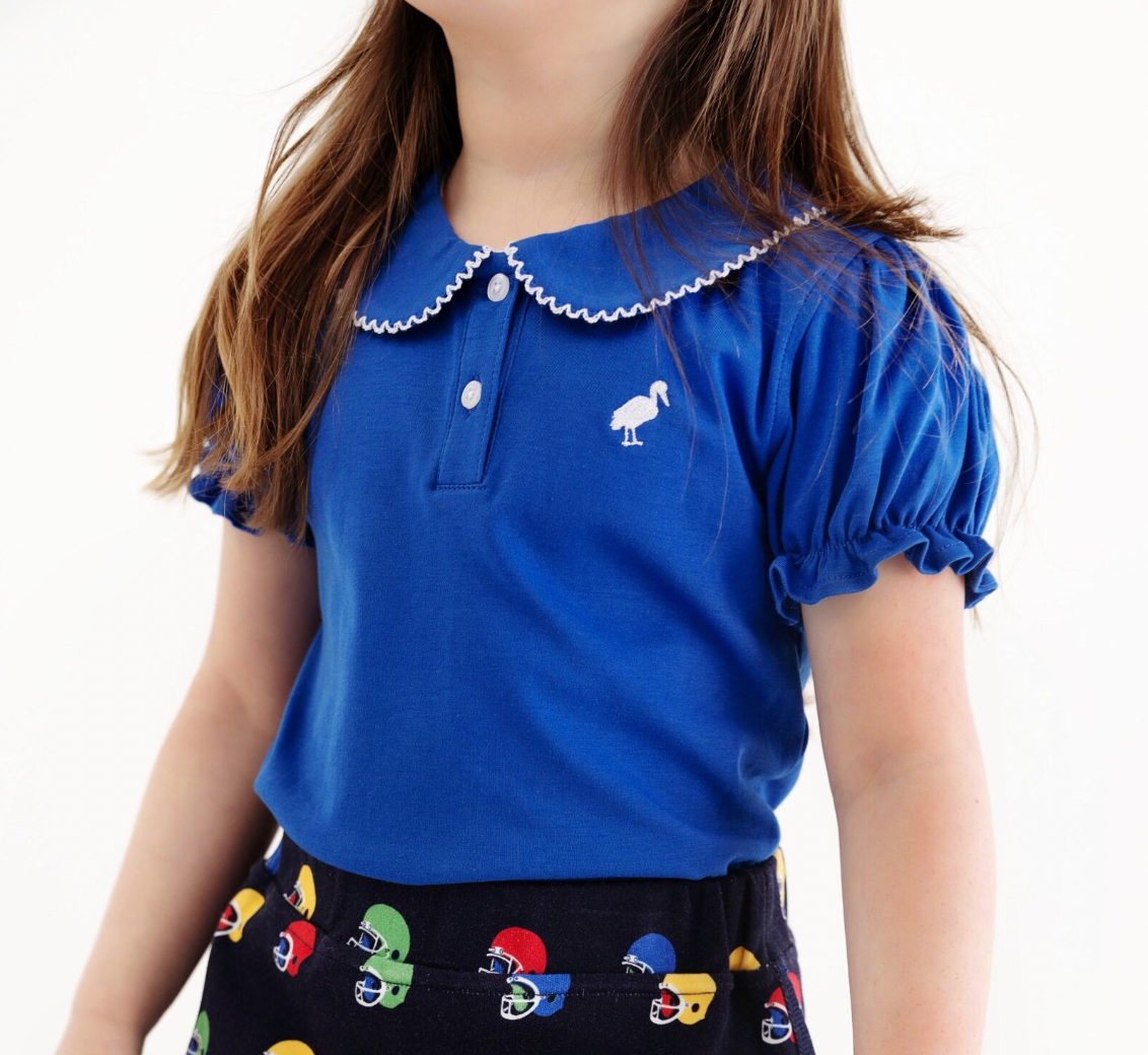 Maude's Peter Pan Collar Polo- Puff Sleeve Rockefeller Royal/Worth Ave White