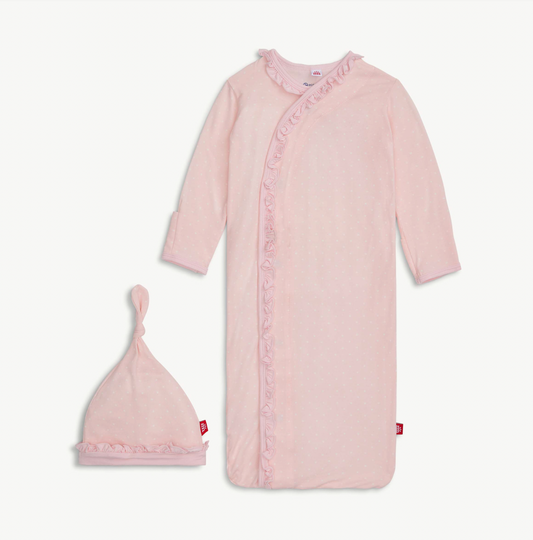 Pin Dot Pink Ruffle Placket Gown + Hat Set