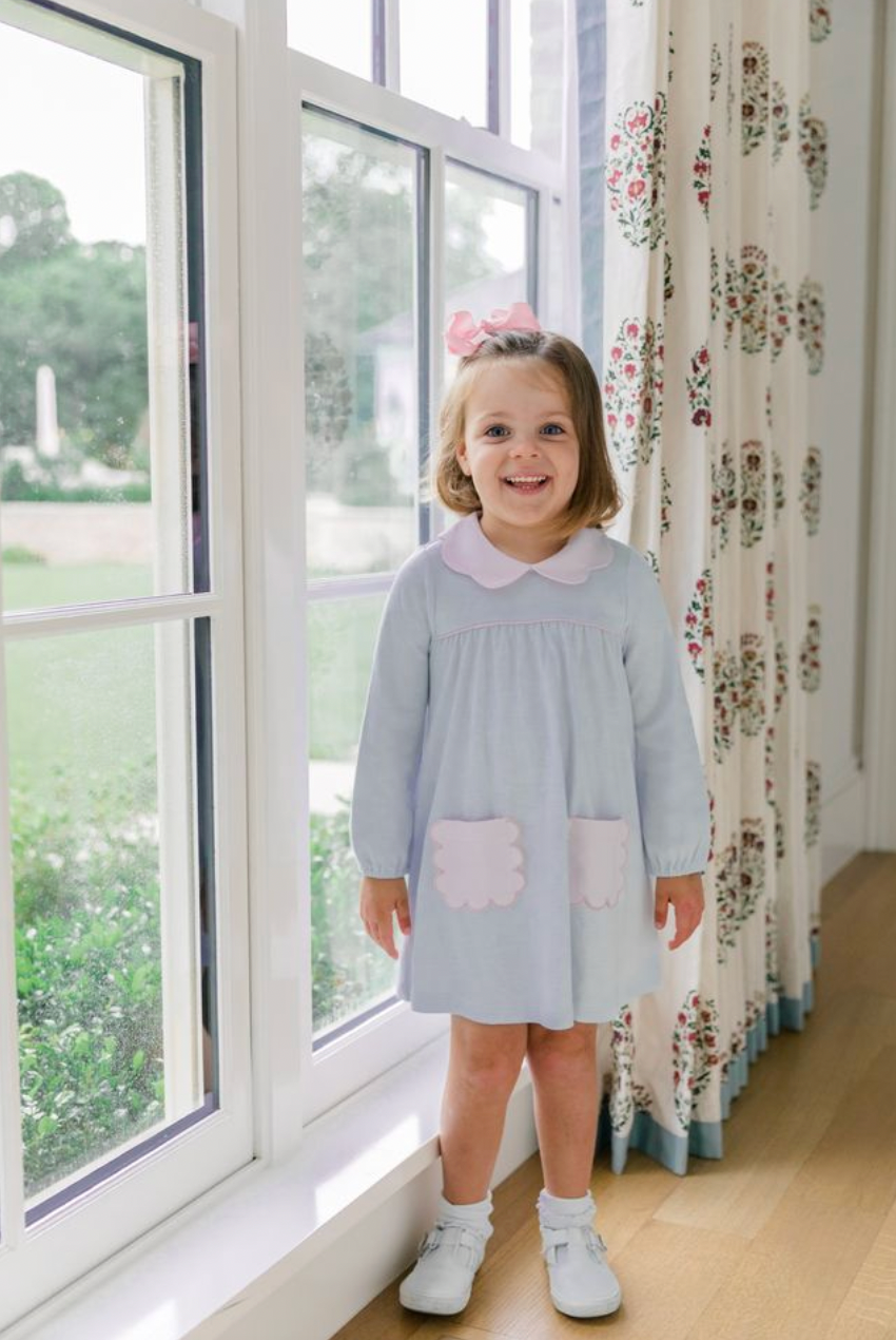 *PRE-ORDER* LS Scallop Pocket Dress- Light Blue Stripes