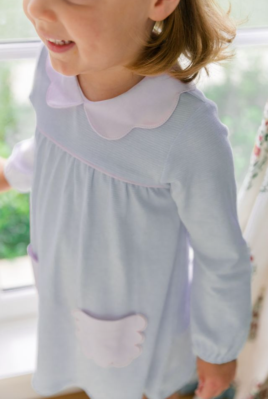 *PRE-ORDER* LS Scallop Pocket Dress- Light Blue Stripes