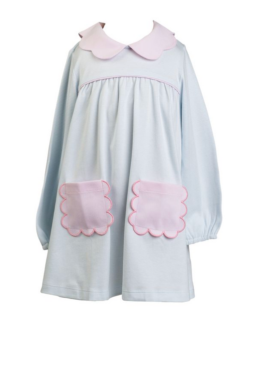 LS Scallop Pocket Dress- Light Blue Stripes
