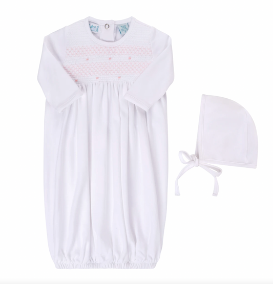 Smocked Bullion Gown with Bonnet- White/Pink