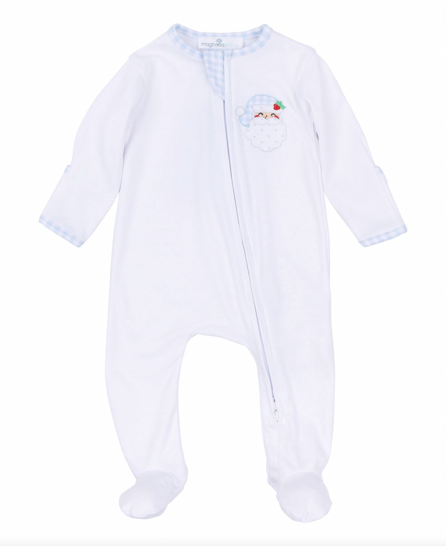 Sweet St. Nick Applique Zip Footie- Light Blue