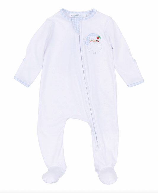 Sweet St. Nick Applique Zip Footie- Light Blue