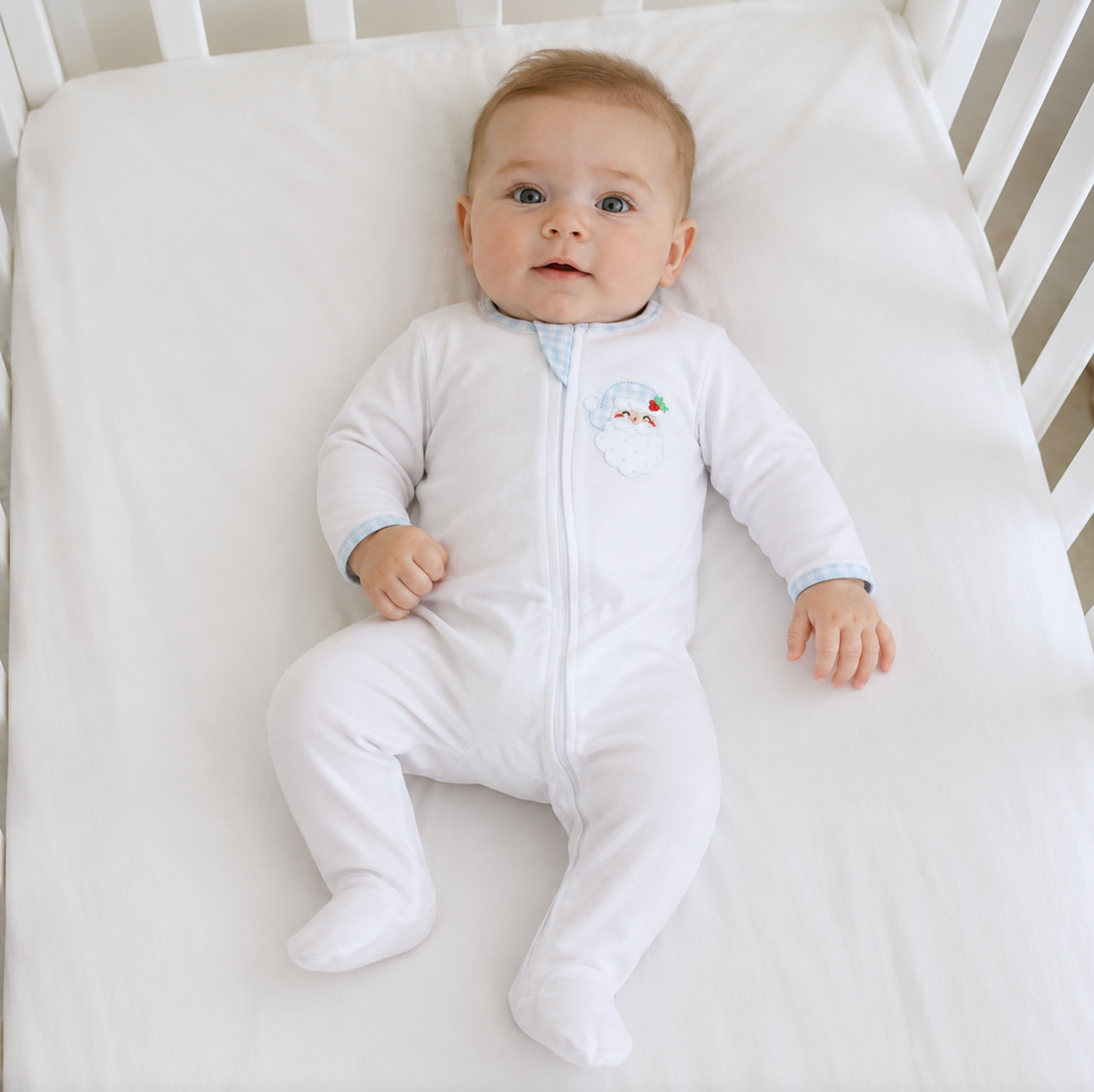 Sweet St. Nick Applique Zip Footie- Light Blue