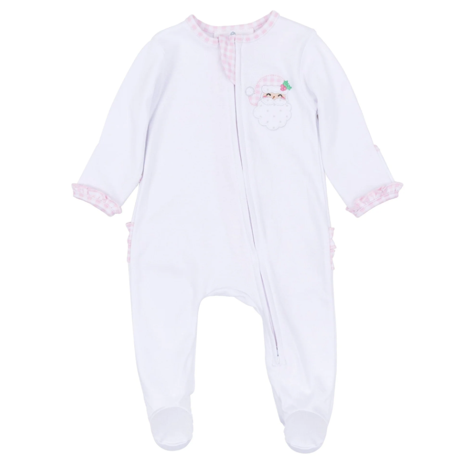 Sweet St. Nick Applique Ruffle Zip Footie- Pink