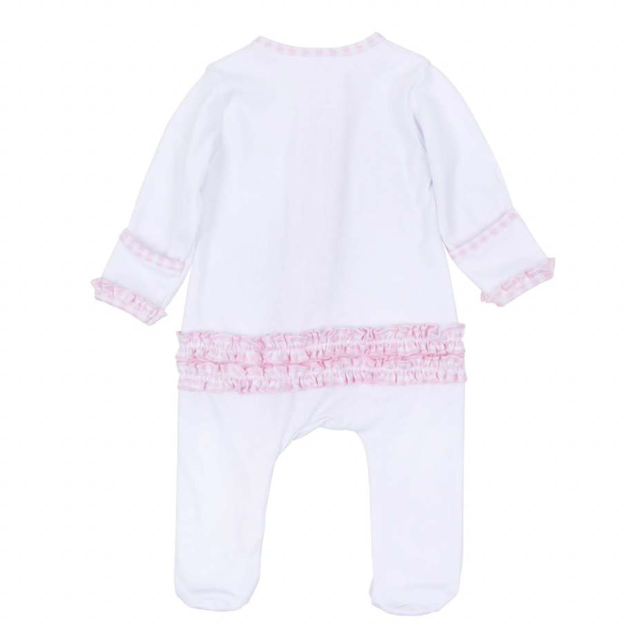 Sweet St. Nick Applique Ruffle Zip Footie- Pink